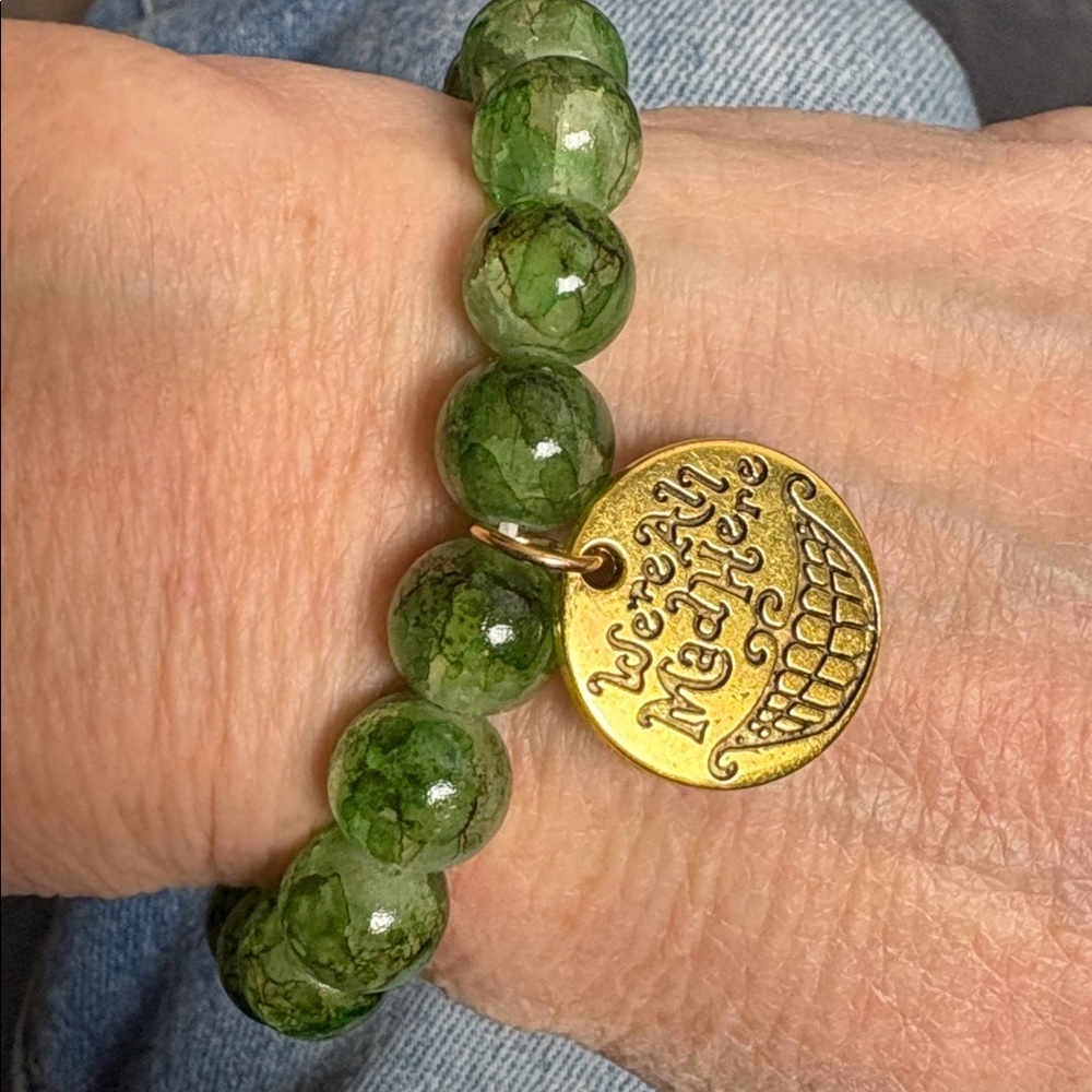 Cheshire Cat Green Glass Beaded Bracelet with Gold Charm